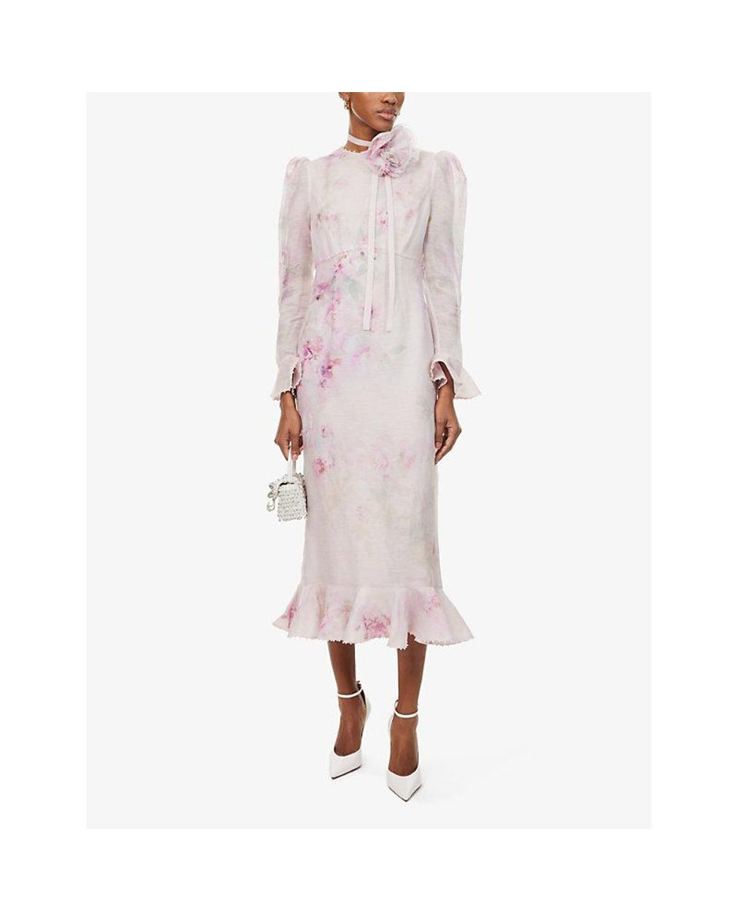 オールインワン・サロペット Zimmermann 'Crush' Pink Linen Dress Zimmermann Crush Floral-Pattern Pearl-Embellished Linen And