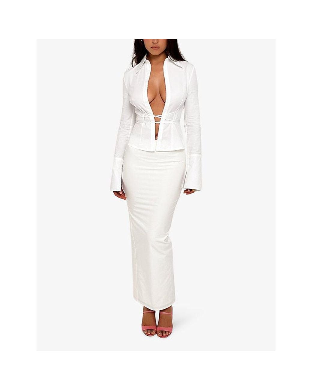House Of Cb White Eden Mid-Waist Cotton-Twill Maxi Skirt