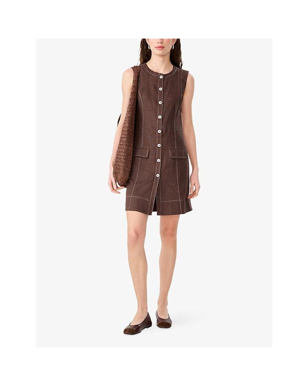 OMNES Brown Raphi Button-Front Linen-Blend Mini Dress