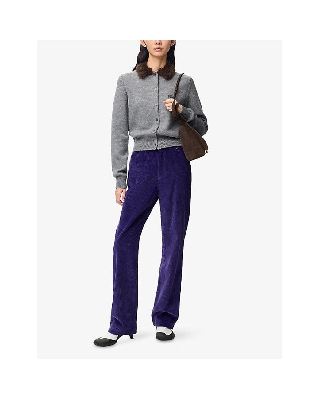 Loewe Gray Hairy-Collar Wool Knit Cardigan