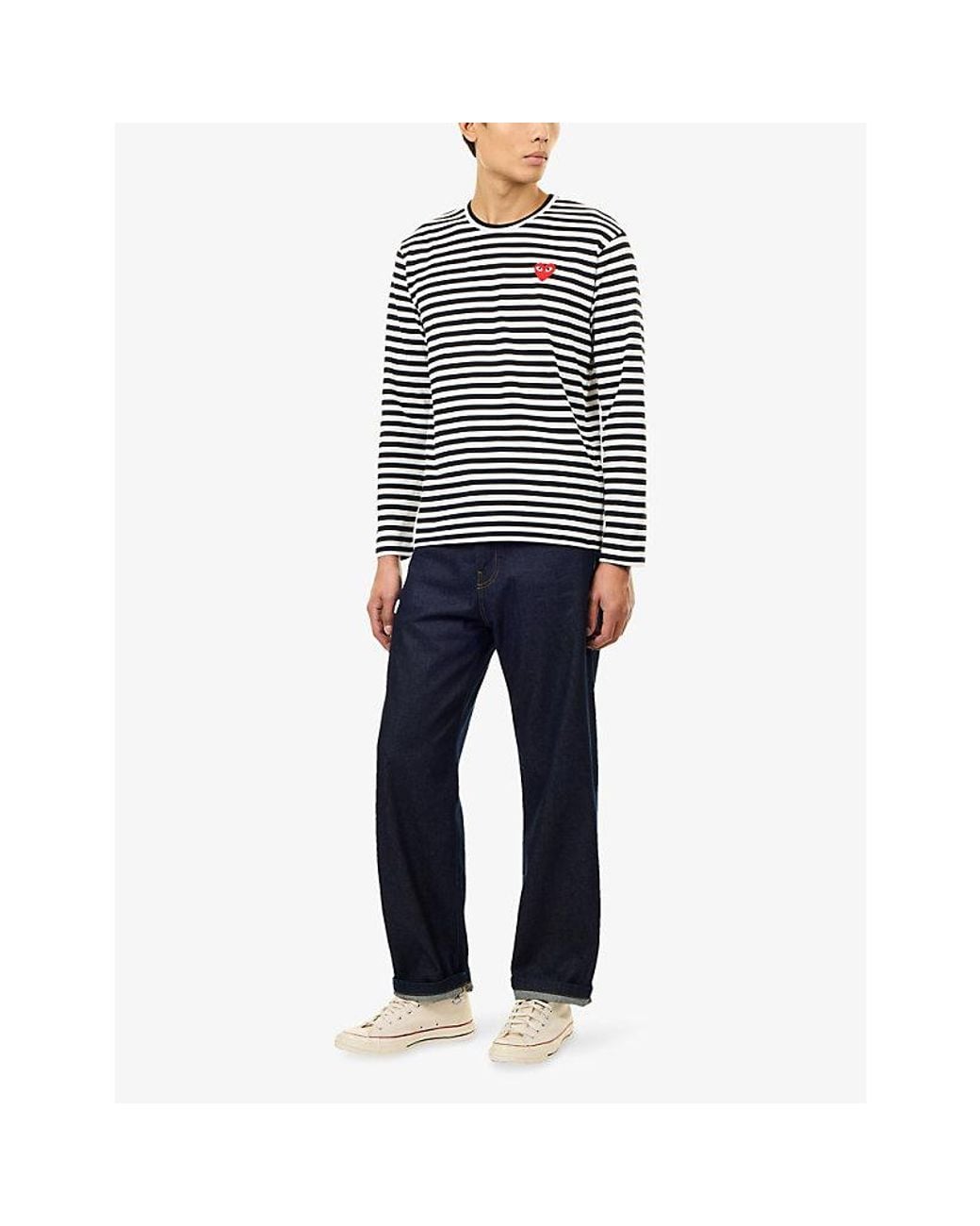 COMME DES GARÇONS PLAY Blue Double Heart Stripe Long-Sleeve Cotton-Jersey T-Shirt for men