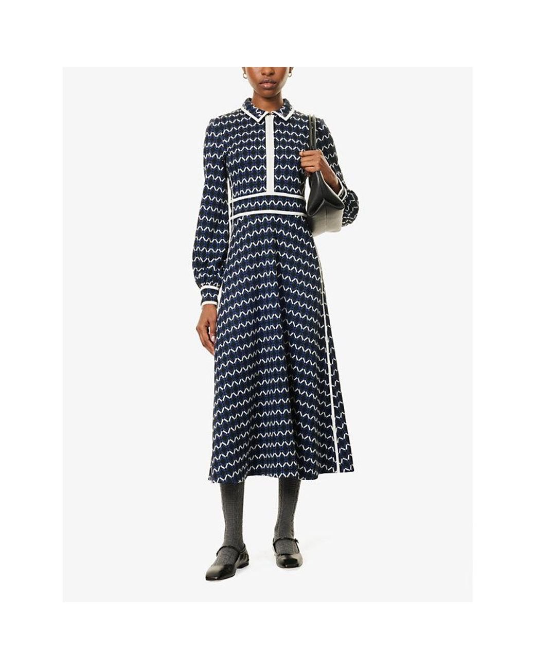 ME+EM Geometric-Pattern Jacquard Stretch-Jersey Midi Dress in Blue 