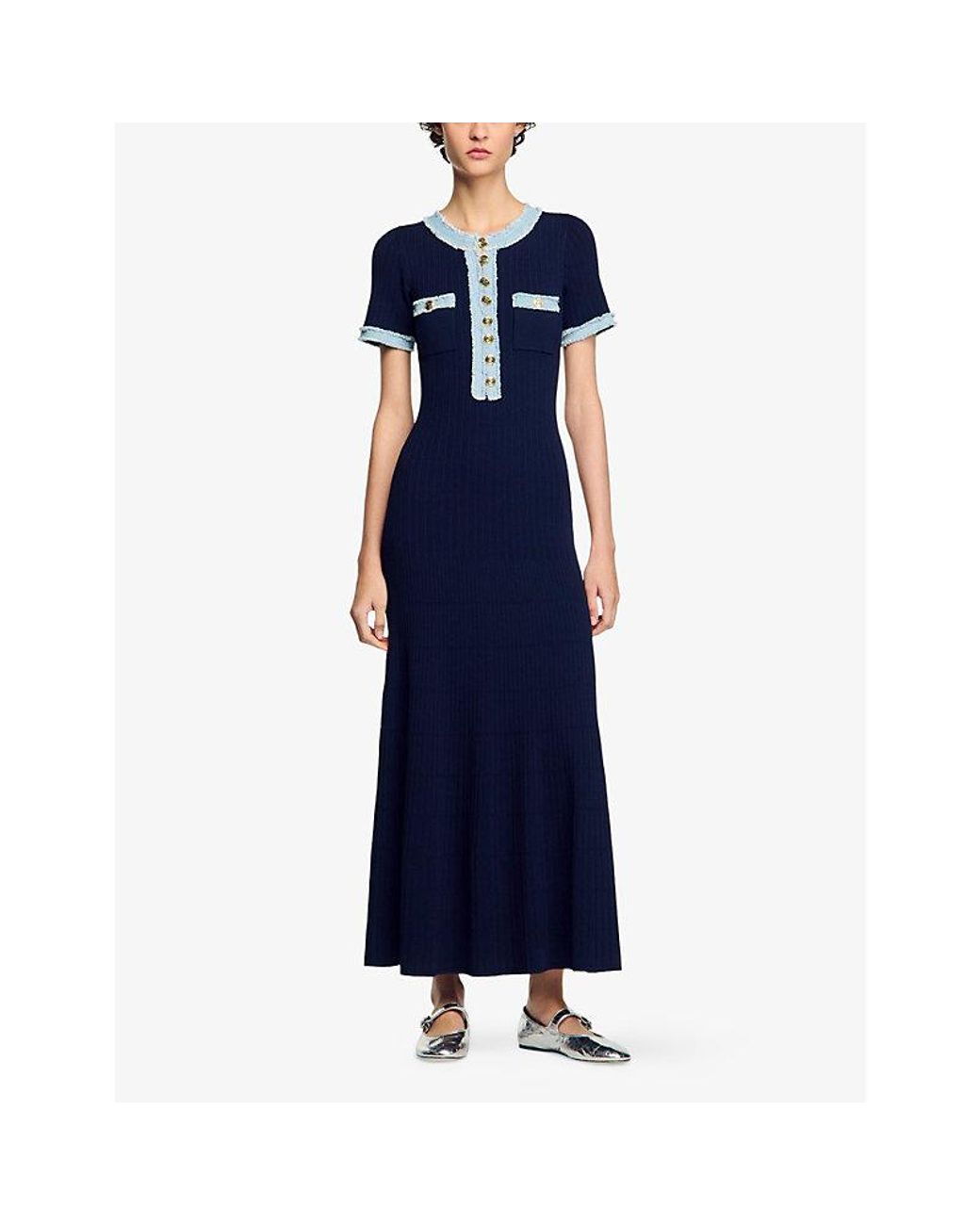 Sandro Denim-Trim Knitted Maxi Dress in Blue | Lyst