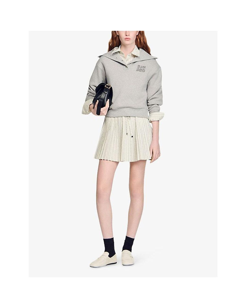 Sandro White Striped Pleated Woven Mini Skirt