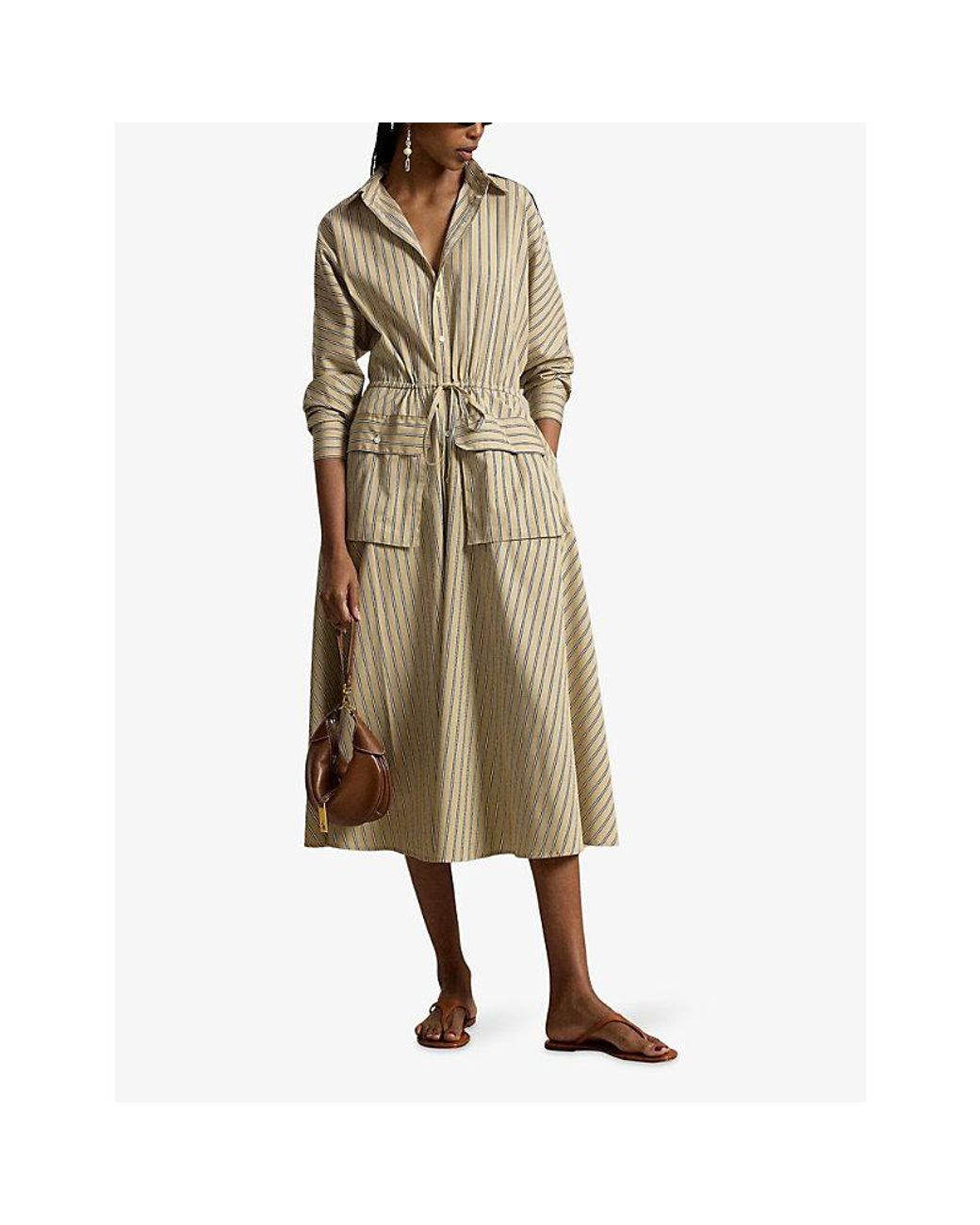 Polo Ralph Lauren Natural Striped Belted-Waist Cotton Shirt Midi Dress