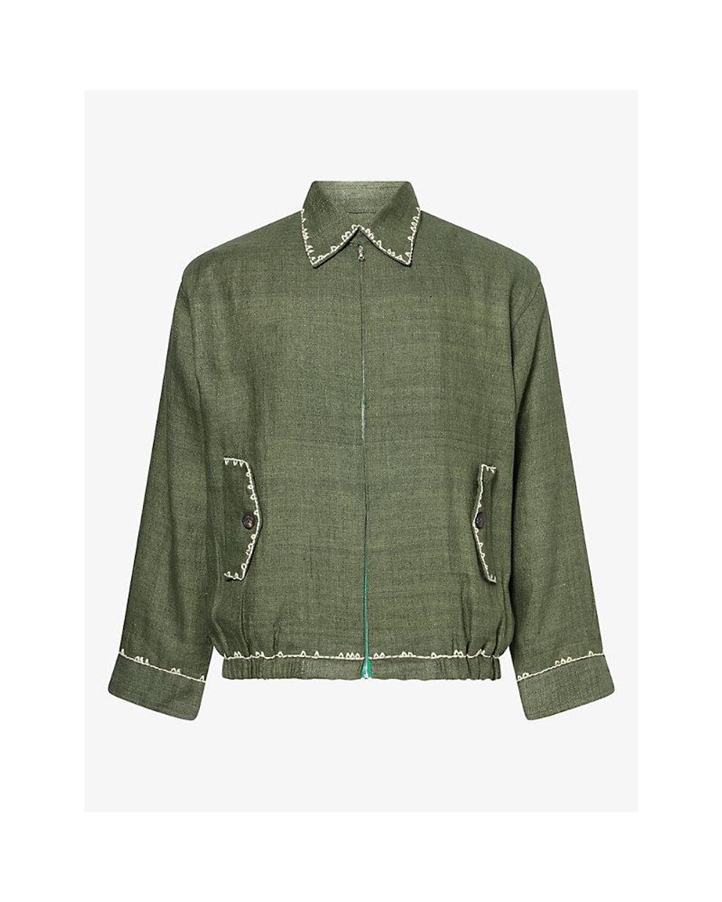 Kartik Research Green Vankar Pleat Embroidered Wool-And-Linen Jacket for men