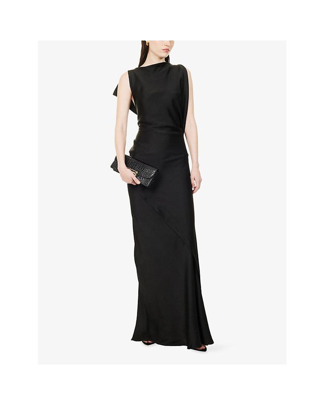 Victoria Beckham Black Sleeveless Draped Satin Maxi Gown