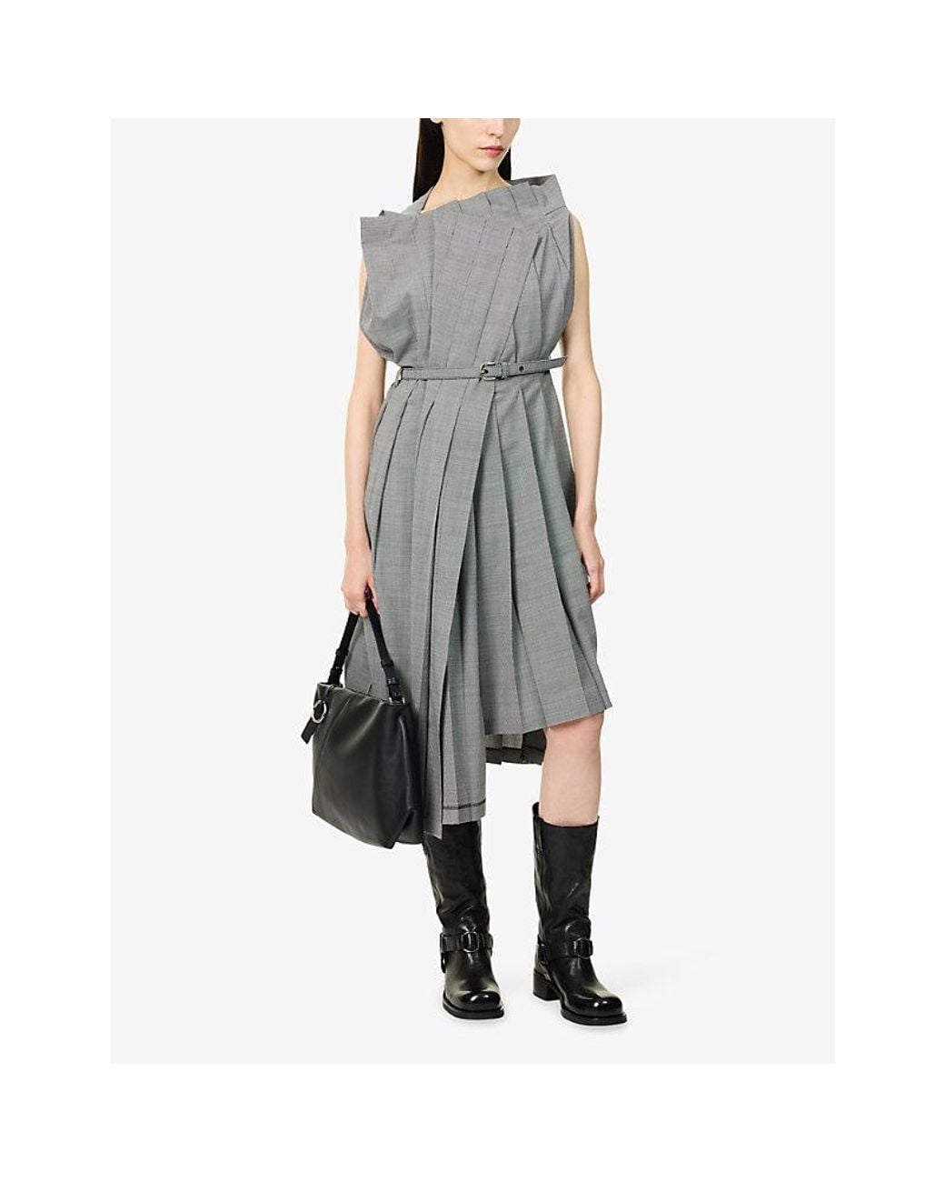 Junya Watanabe Gray Pleated Asymmetric Wool-Blend Midi Dress