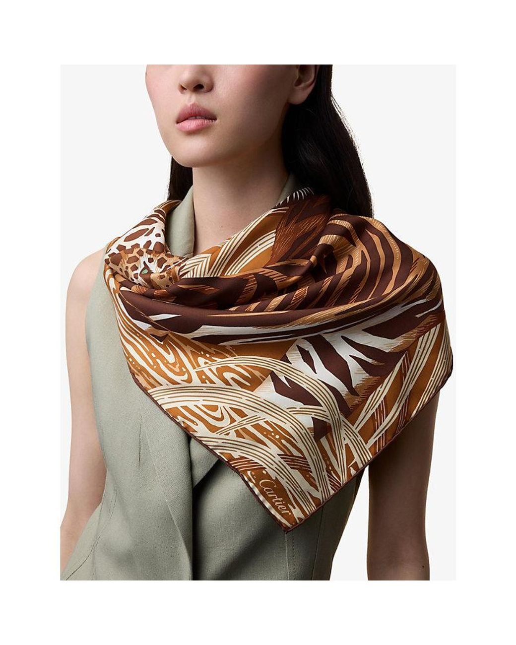 Cartier Natural Panthère And Tiger Printed Silk Scarf
