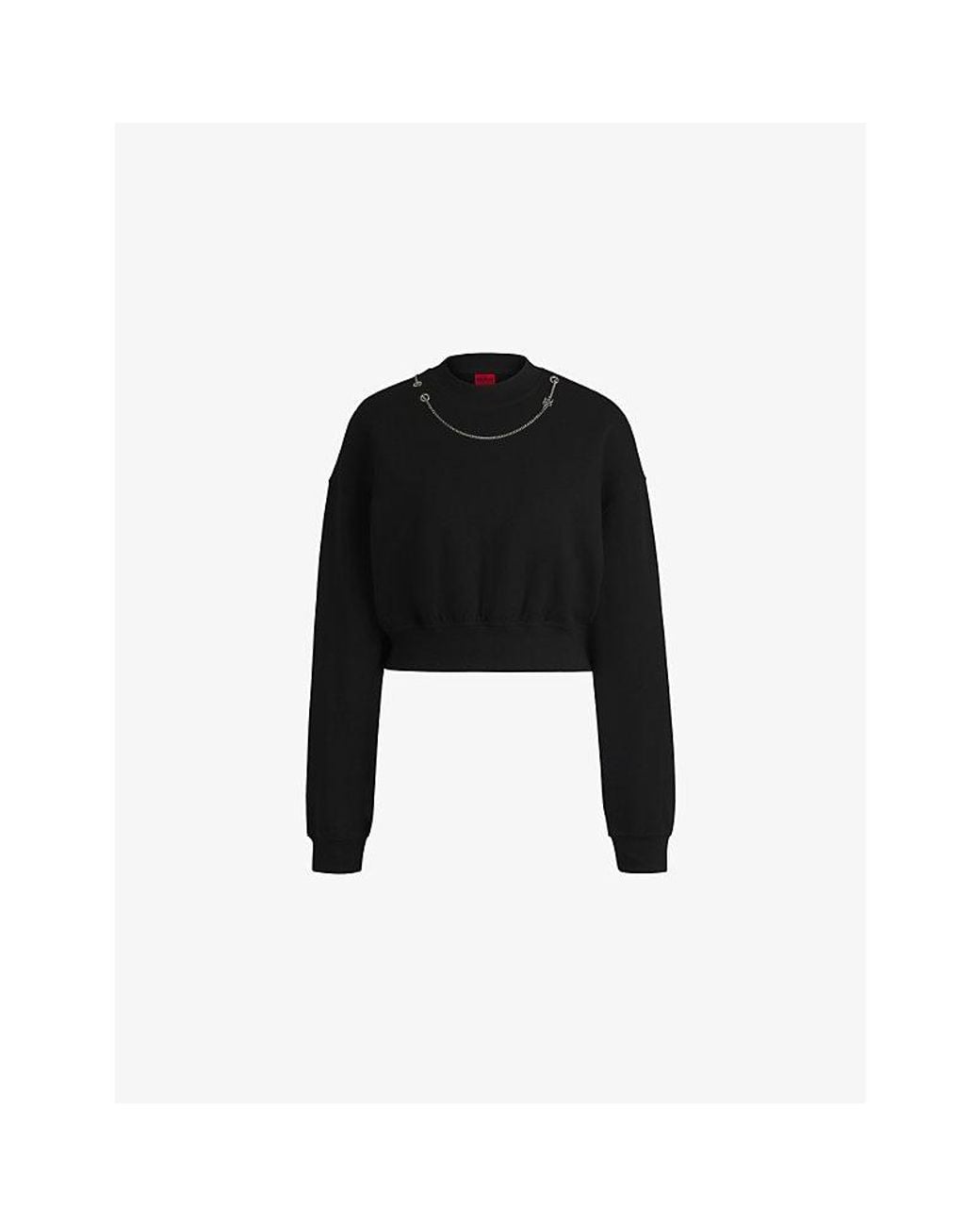 HUGO Black Chain-Embellished Cropped Stretch Cotton-Blend Sweatshirt
