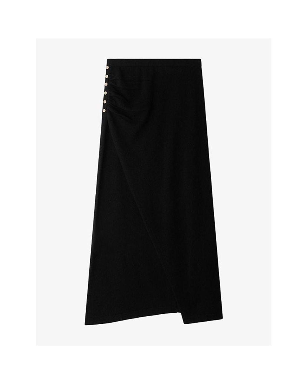 Sandro Black Gathered Pressed-Stud Wool And Cashmere-Blend Midi Skirt