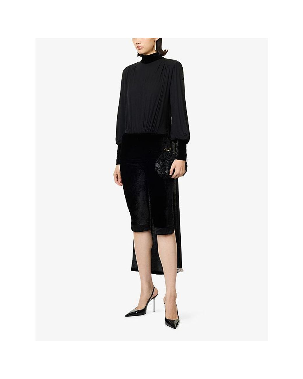 GRACE FAENA Black Velvet-Trim Cape Jersey Top