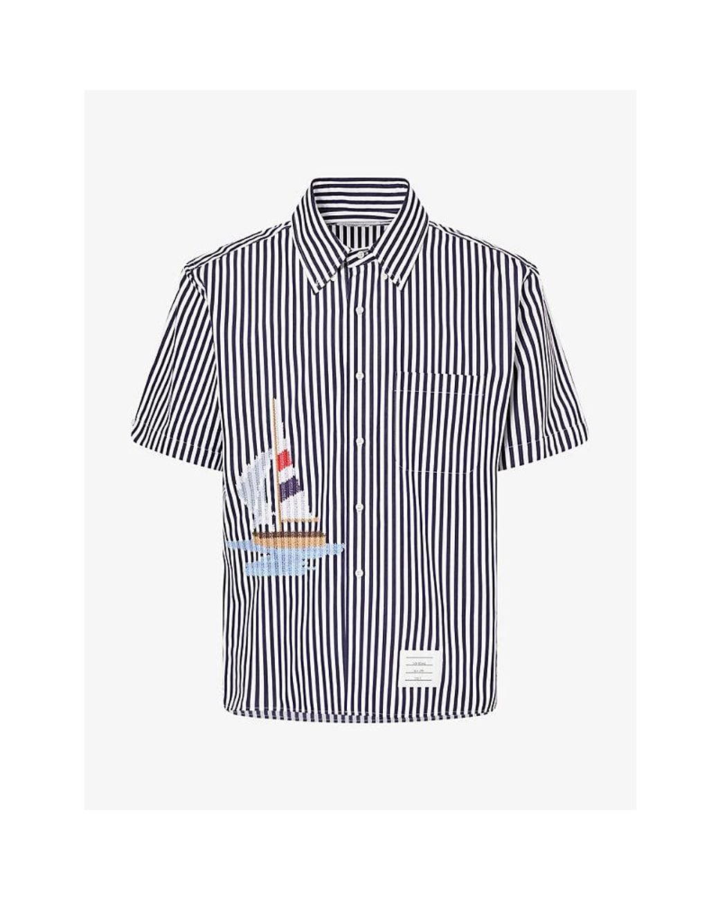 Thom Browne Blue Sailboat-Embroidered Striped Cotton Shirt for men
