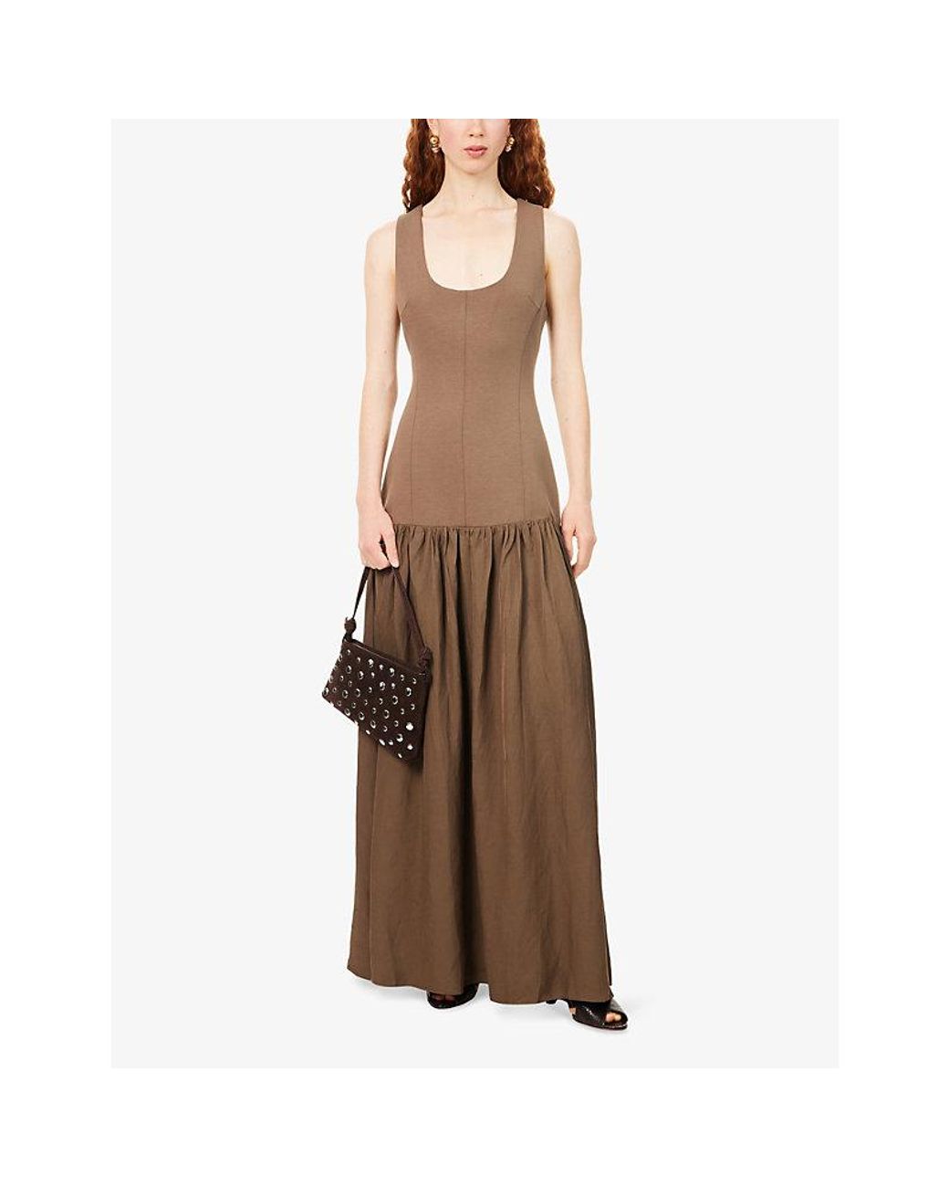 Odd Muse Brown Dropped Waist Cotton And Linen-Blend Maxi Dress