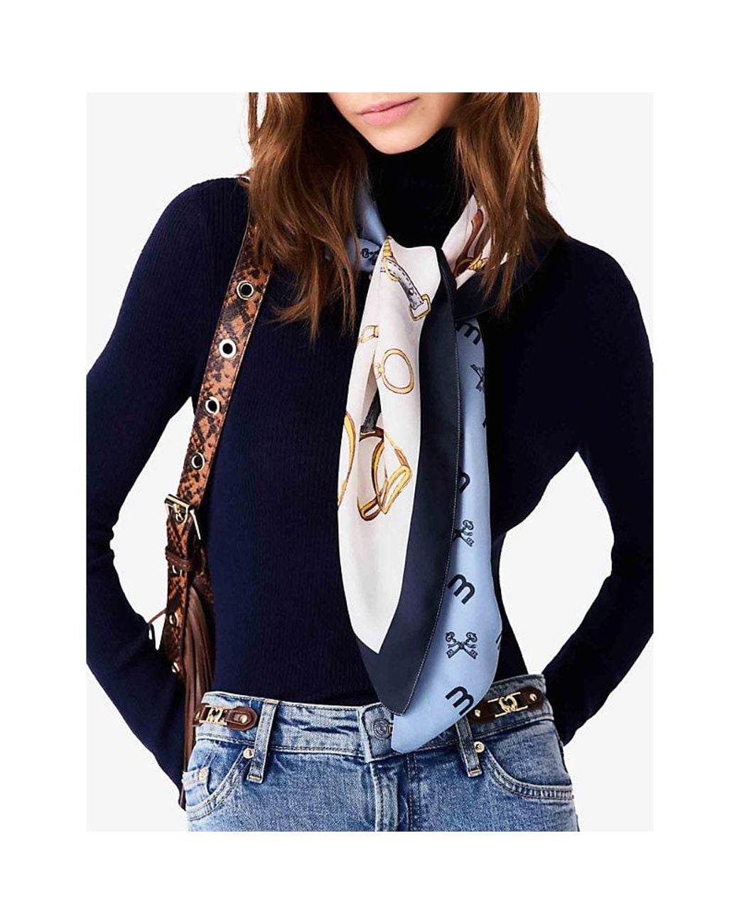 Maje Blue Equestrian-Print Silk Scarf