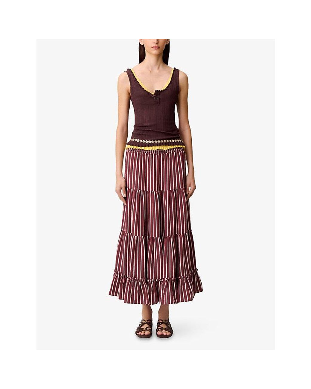 Claudie Pierlot Red Striped Elasticated-Waist Woven Maxi Skirt