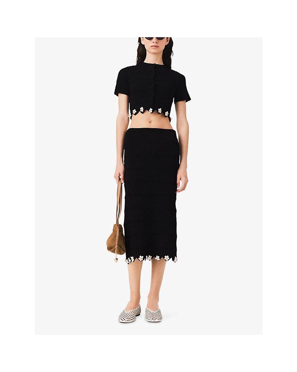 Maje Black Cropped Jewelled-Button Knitted Cardigan