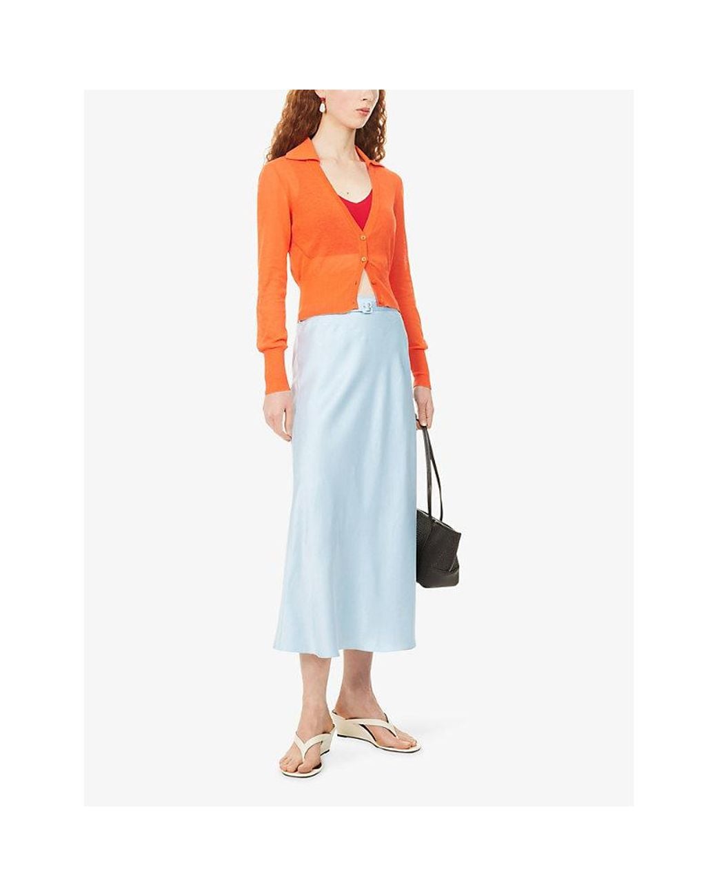 Anna October Blue Kama Belted Satin Midi Skirt