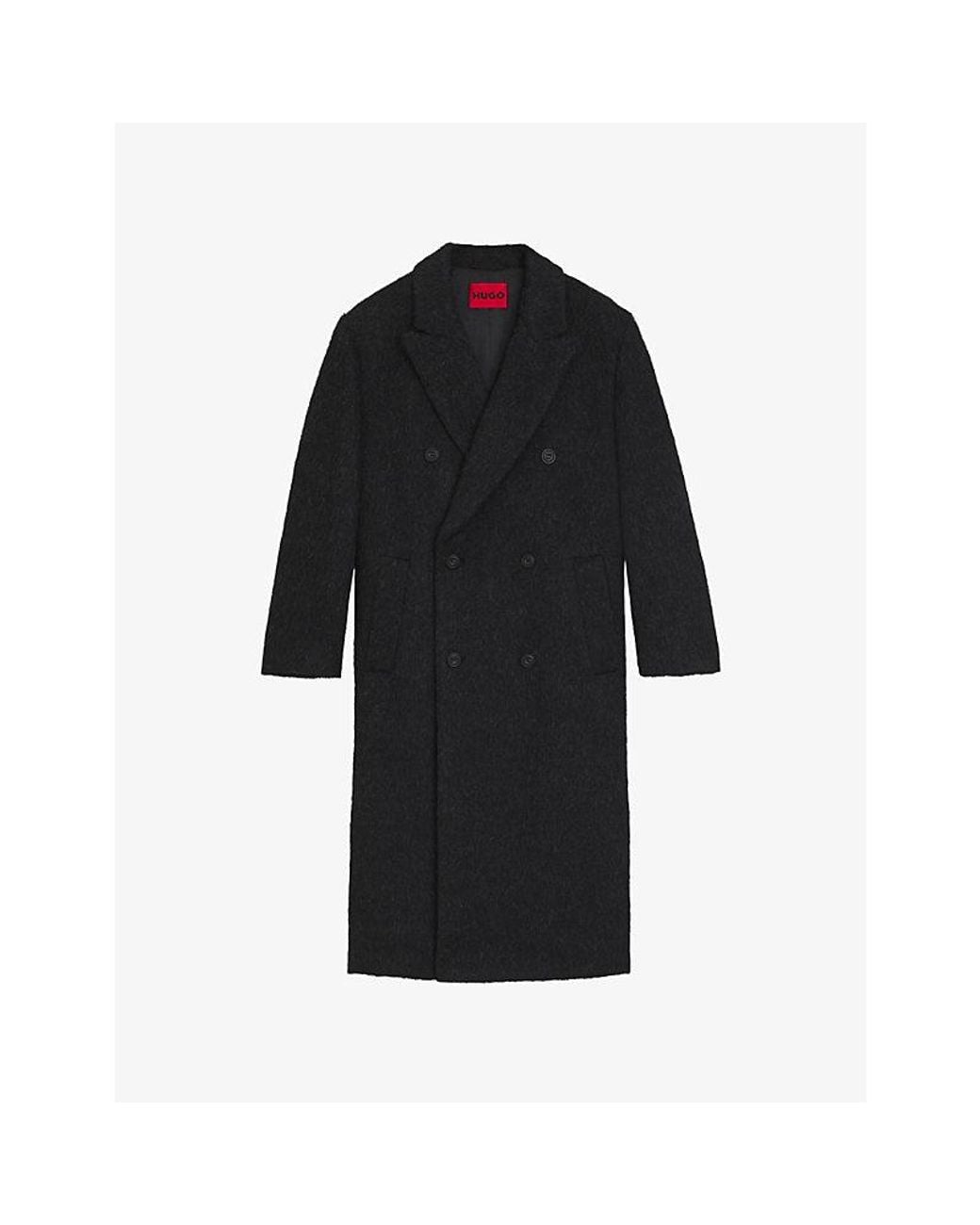 HUGO Black Double-Breasted Relaxed-Fit Wool-Blend Coat for men