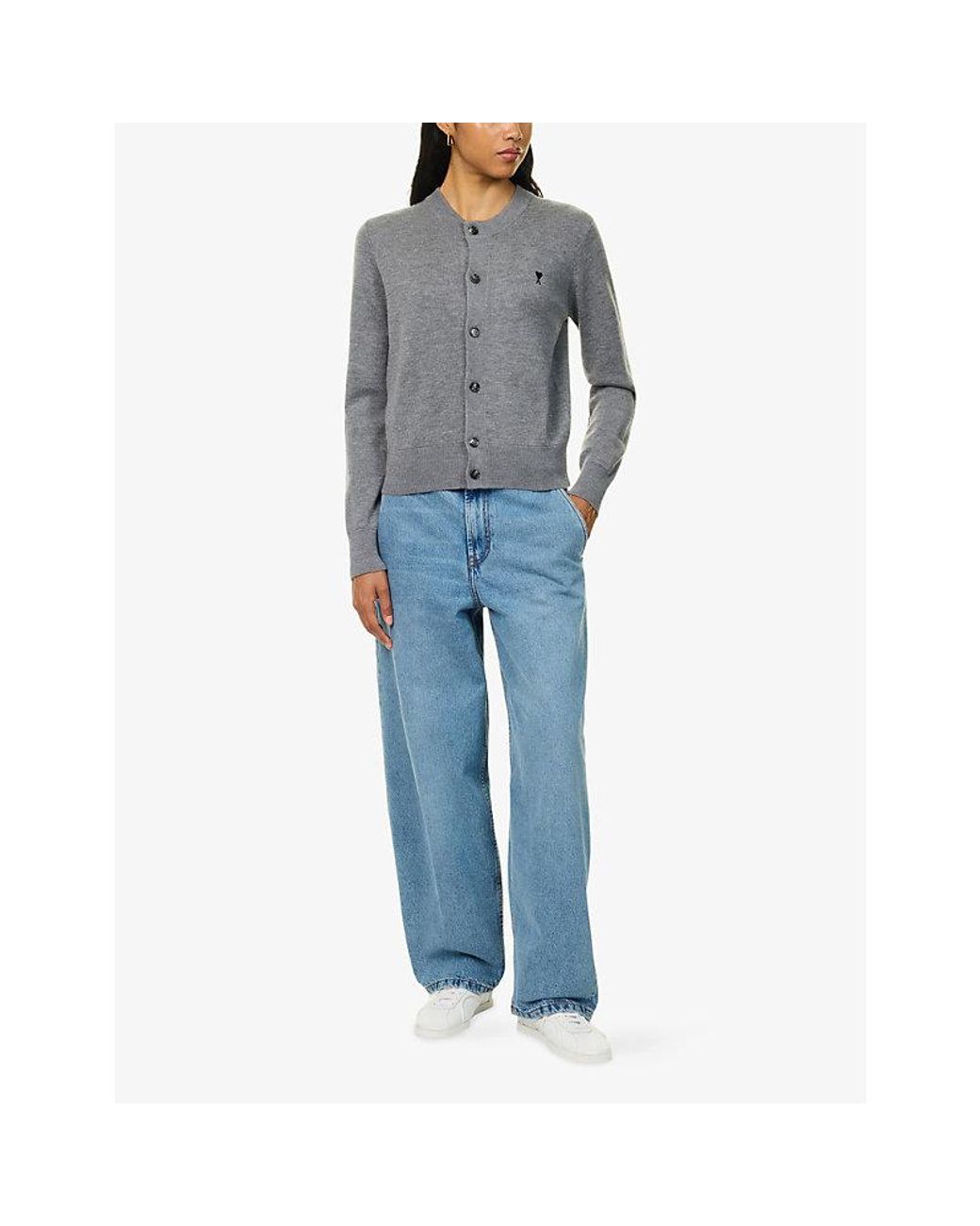 AMI Gray Ami De Coeur Crew Neck Wool Knit Cardigan