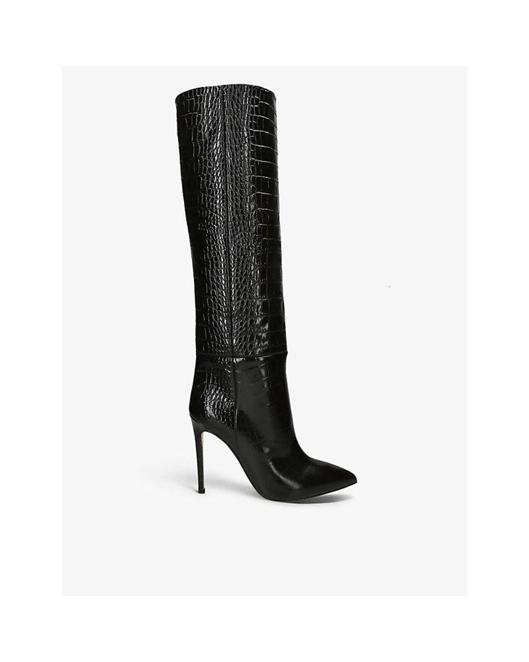 Paris Texas Black Pointed-Toe Croc-Embossed Leather Knee-High Boots