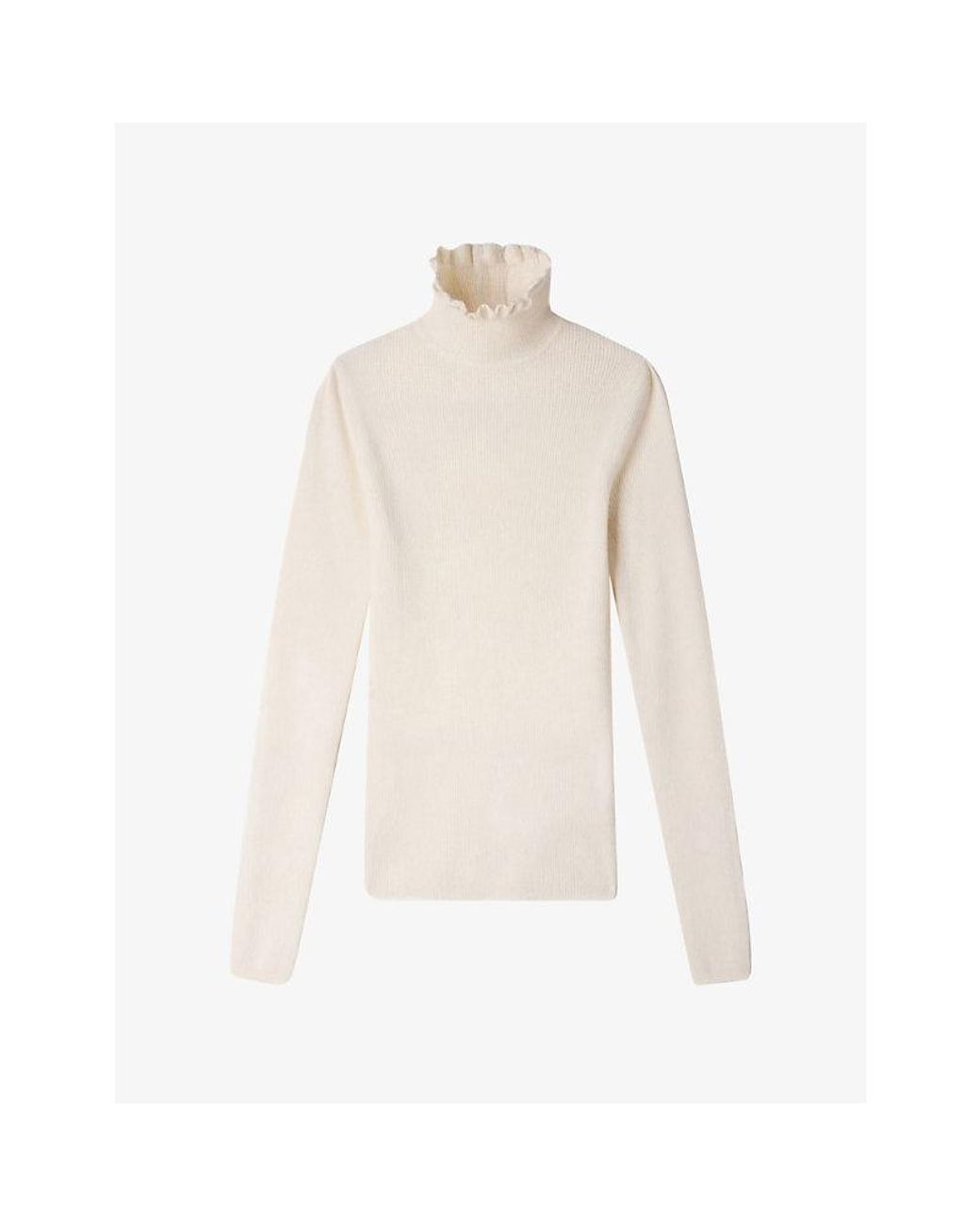 Sandro White Ruffled Roll-Neck Wool-Blend Jumper