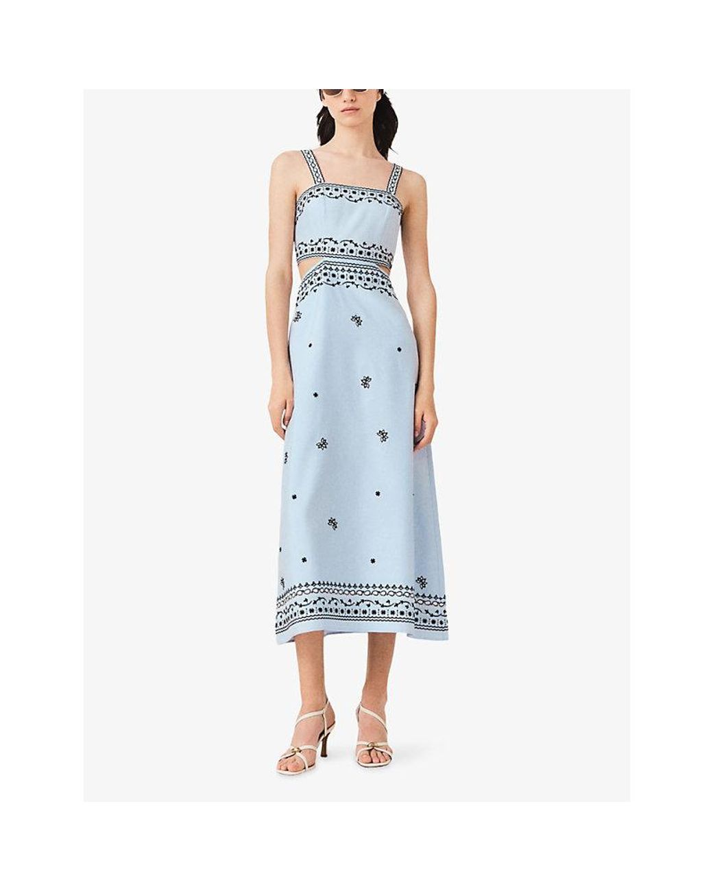 Maje Blue Bandana-Embroidered Cut-Out Woven Mini Dress