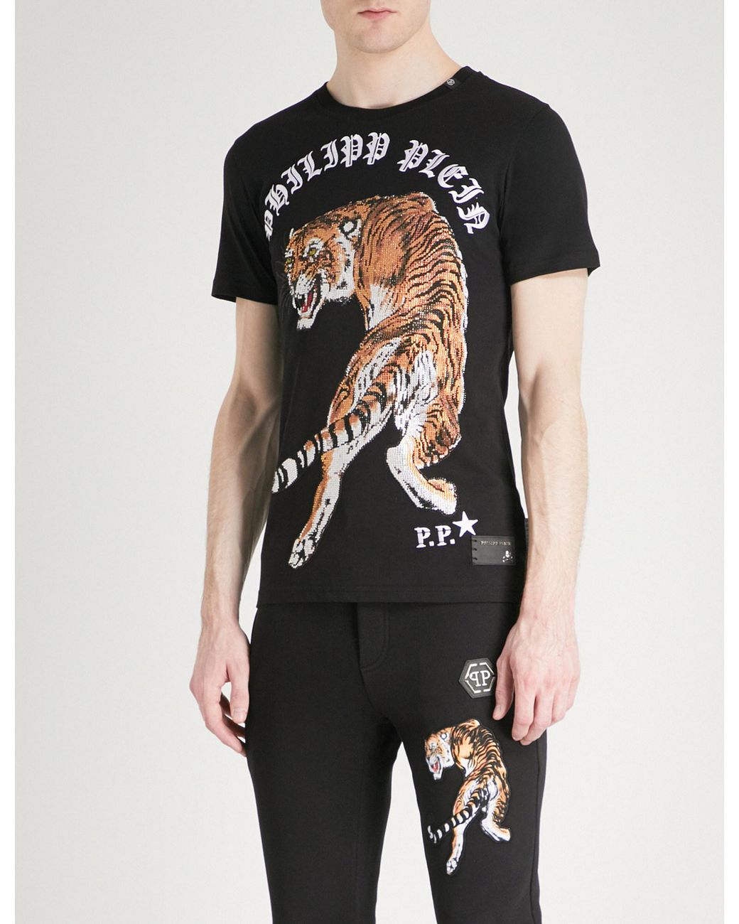 Philipp Plein Crystal-embellished Tiger-print Cotton-jersey T-shirt in  Black for Men | Lyst