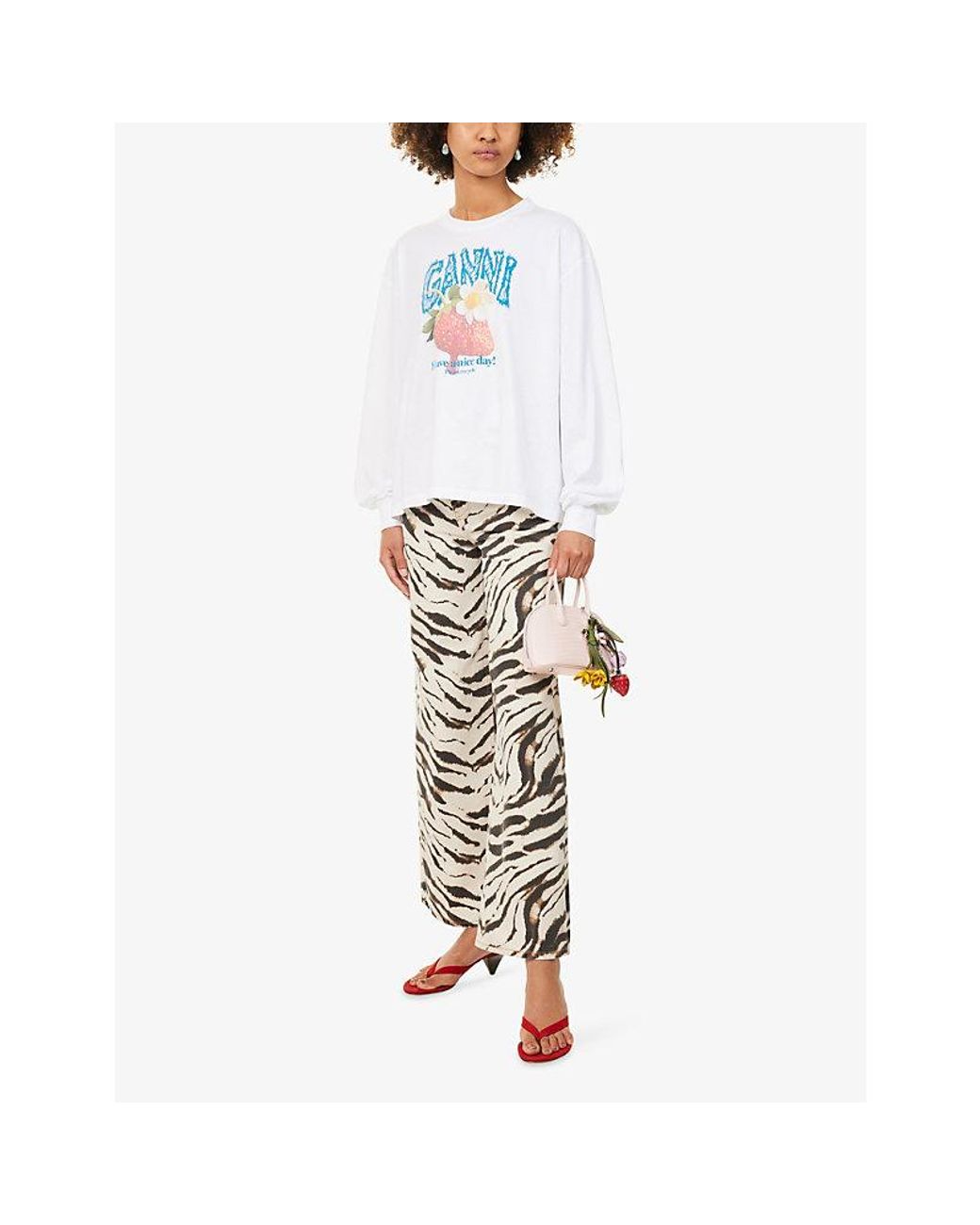 Ganni White Strawberry-Print Long-Sleeve Cotton-Jersey T-Shirt