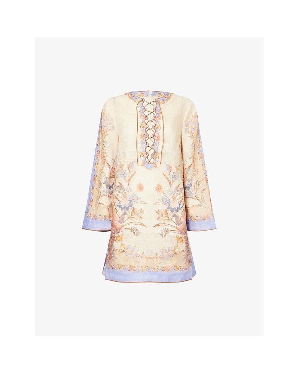 Zimmermann Natural Indra Floral-Print Linen Tunic Mini Dress