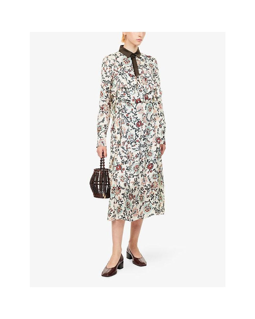 Sacai White Florla-Print Satin-Collar Woven Midi Dress