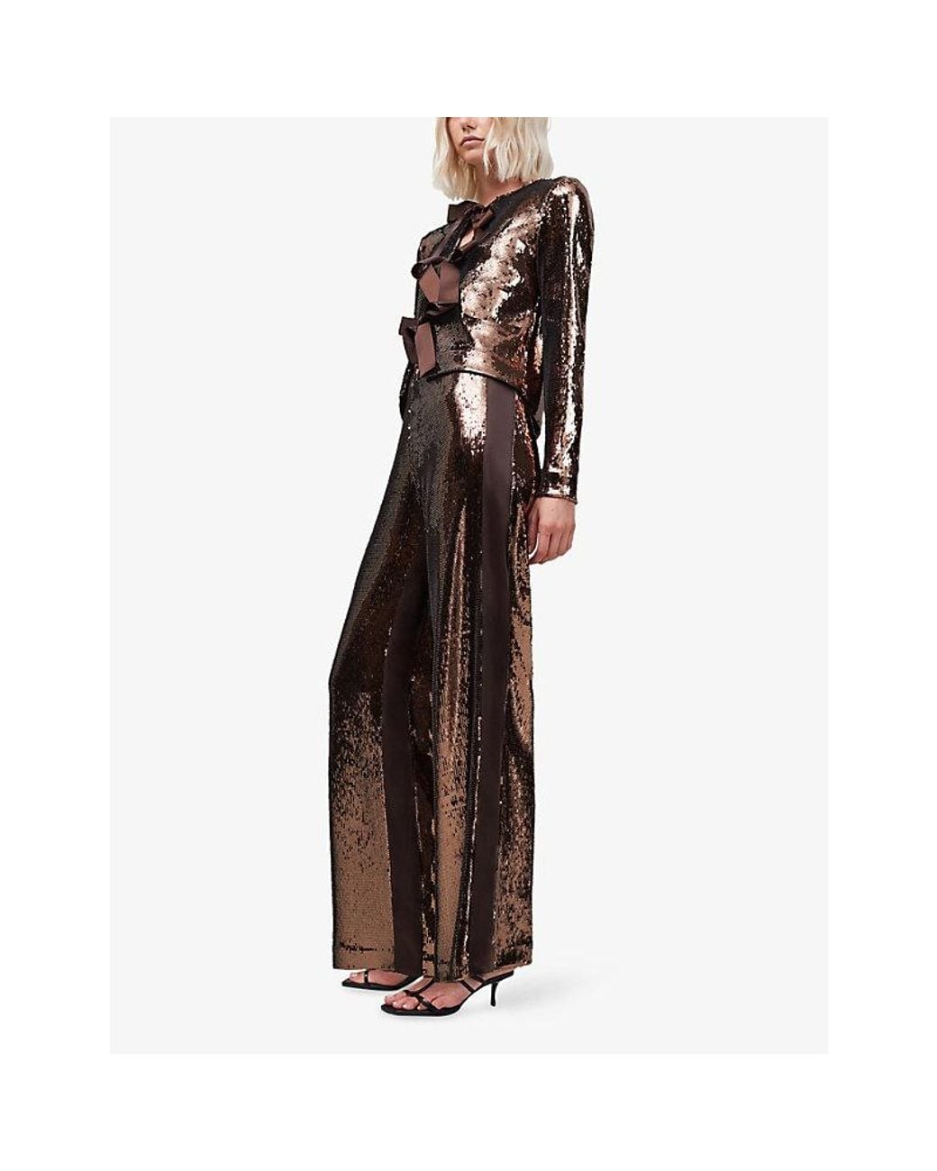 Ro&zo Brown Sequinned Wide-Leg Stretch-Woven Trousers