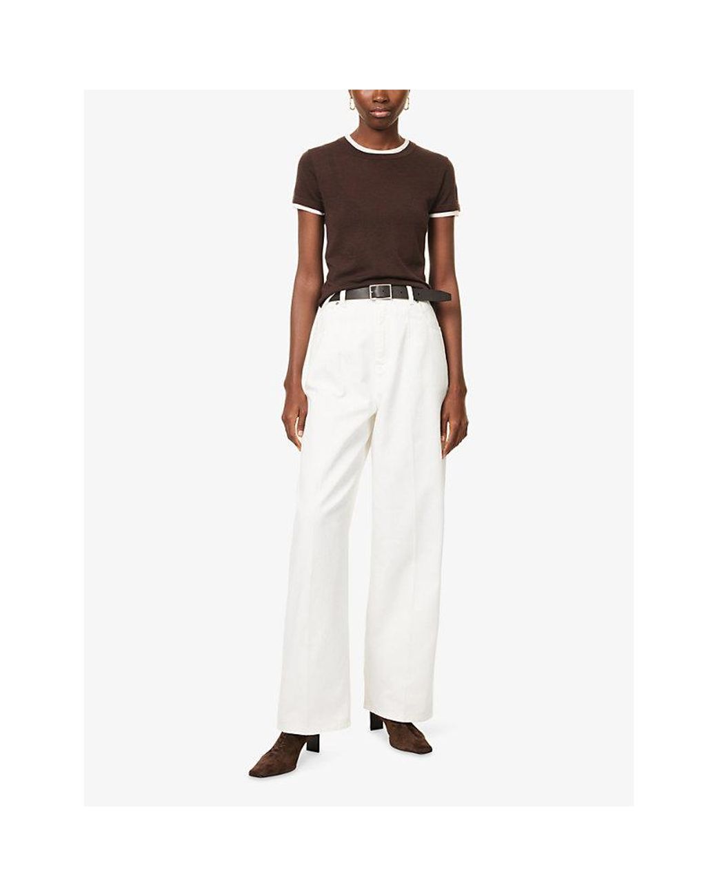 ME+EM Brown Barely There Contrast-Trim Merino Wool-Blend Top