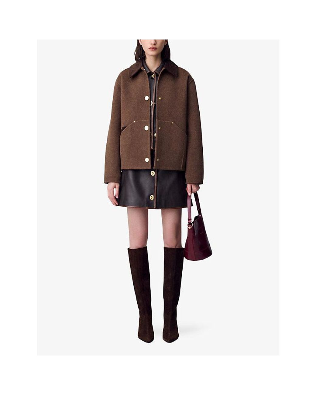 Claudie Pierlot Corduroy-Collar Wool-Blend Coat in Brown | Lyst