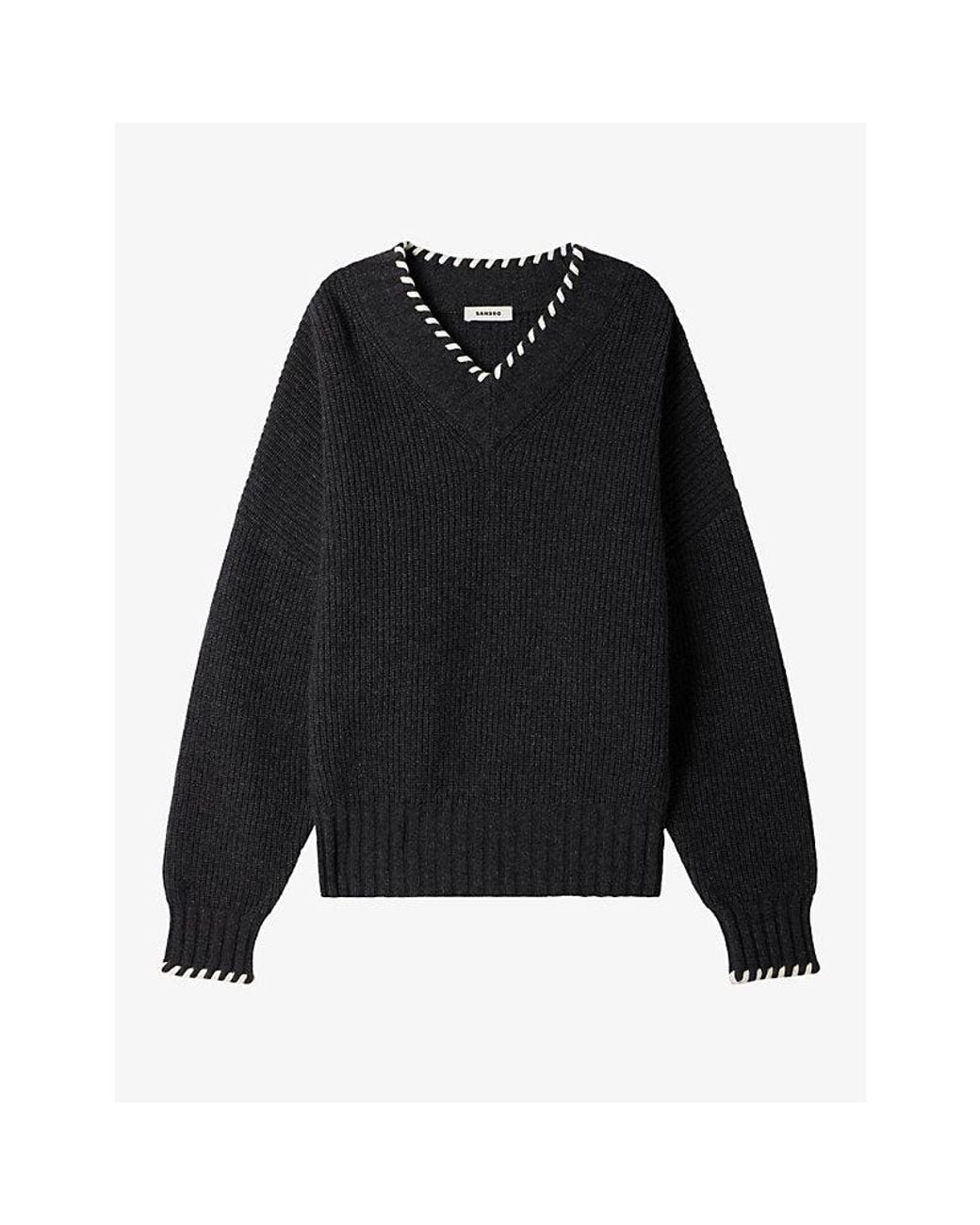 Sandro Black Braided V-Neck Wool-Blend Jumper