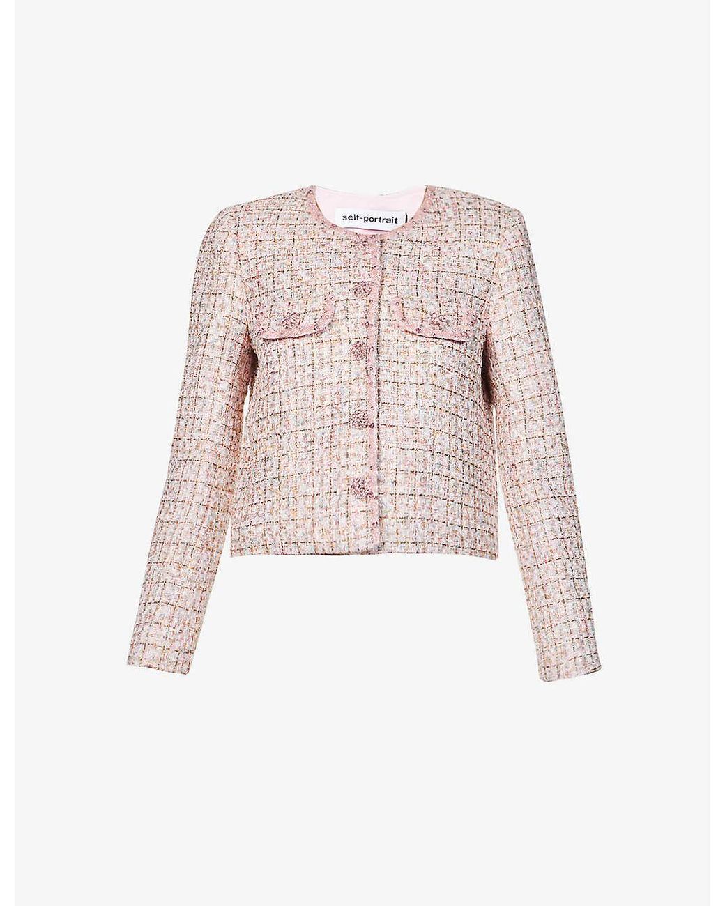 Self-Portrait Boucle-weave Button-embellished Woven Jacket in Pink | Lyst
