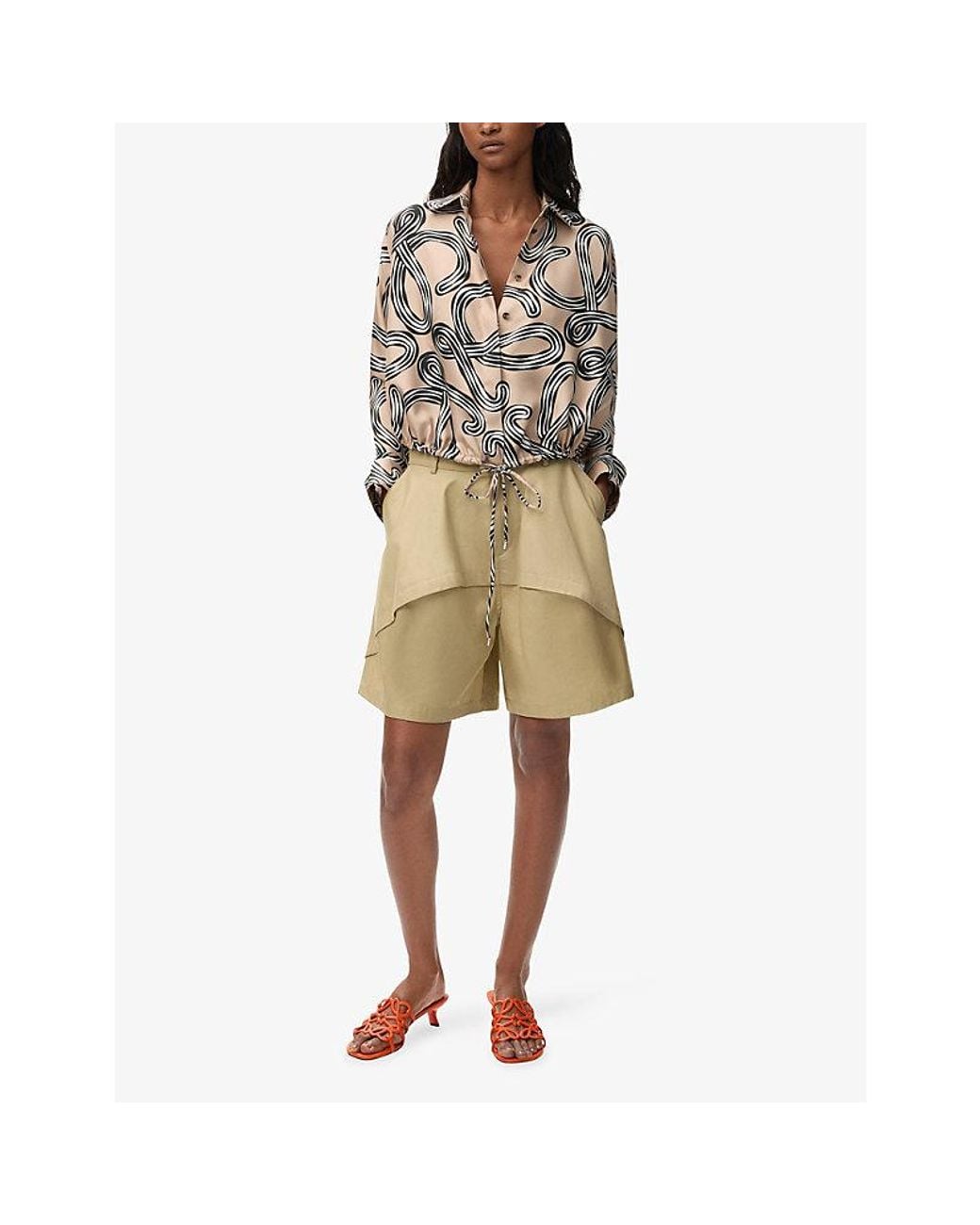 Loewe White X Paula's Ibiza Anagram-Print Drawstring-Hem Silk Shirt