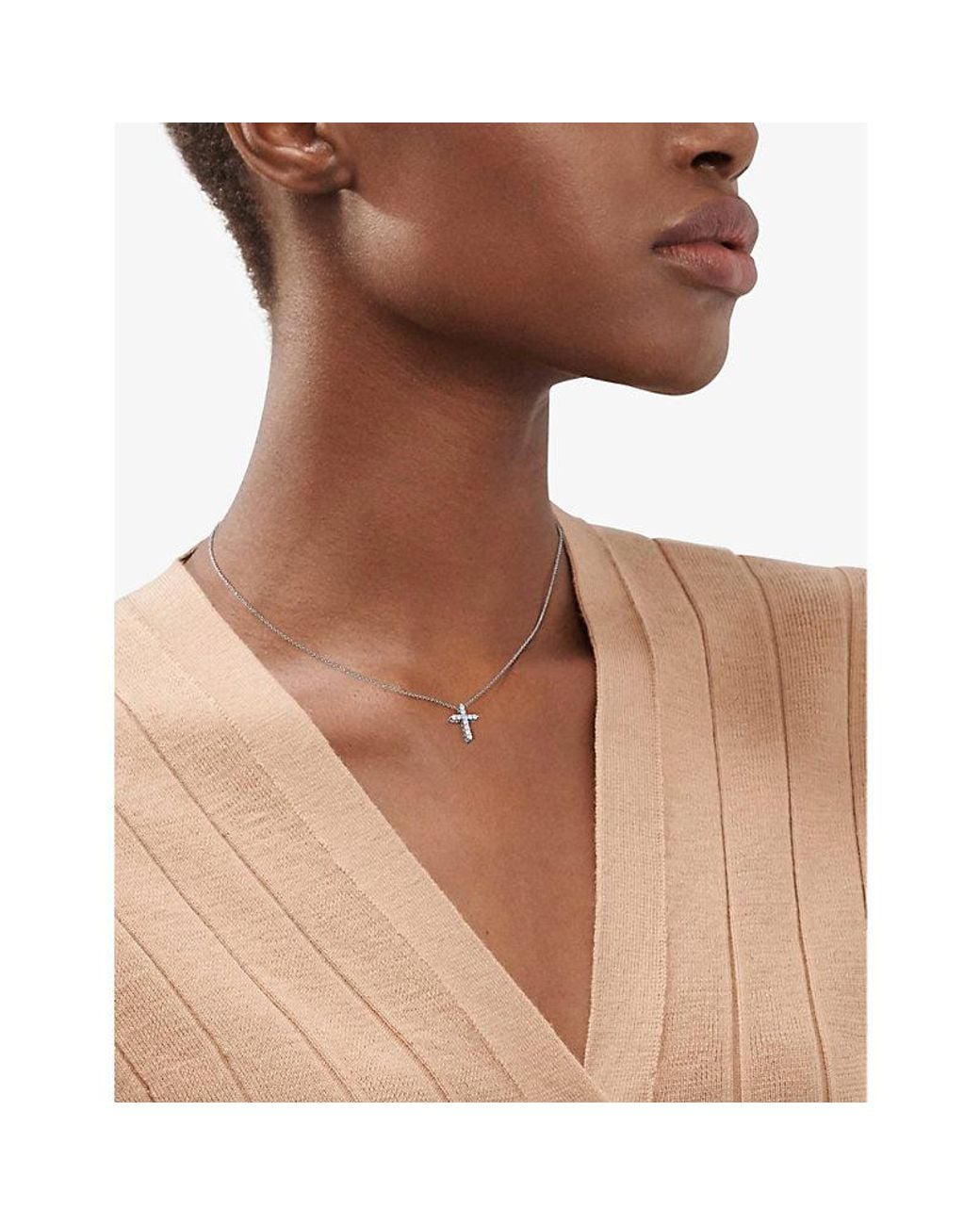 Tiffany & Co White Cross And 0.21Ct Diamond Melee Pendant Necklace