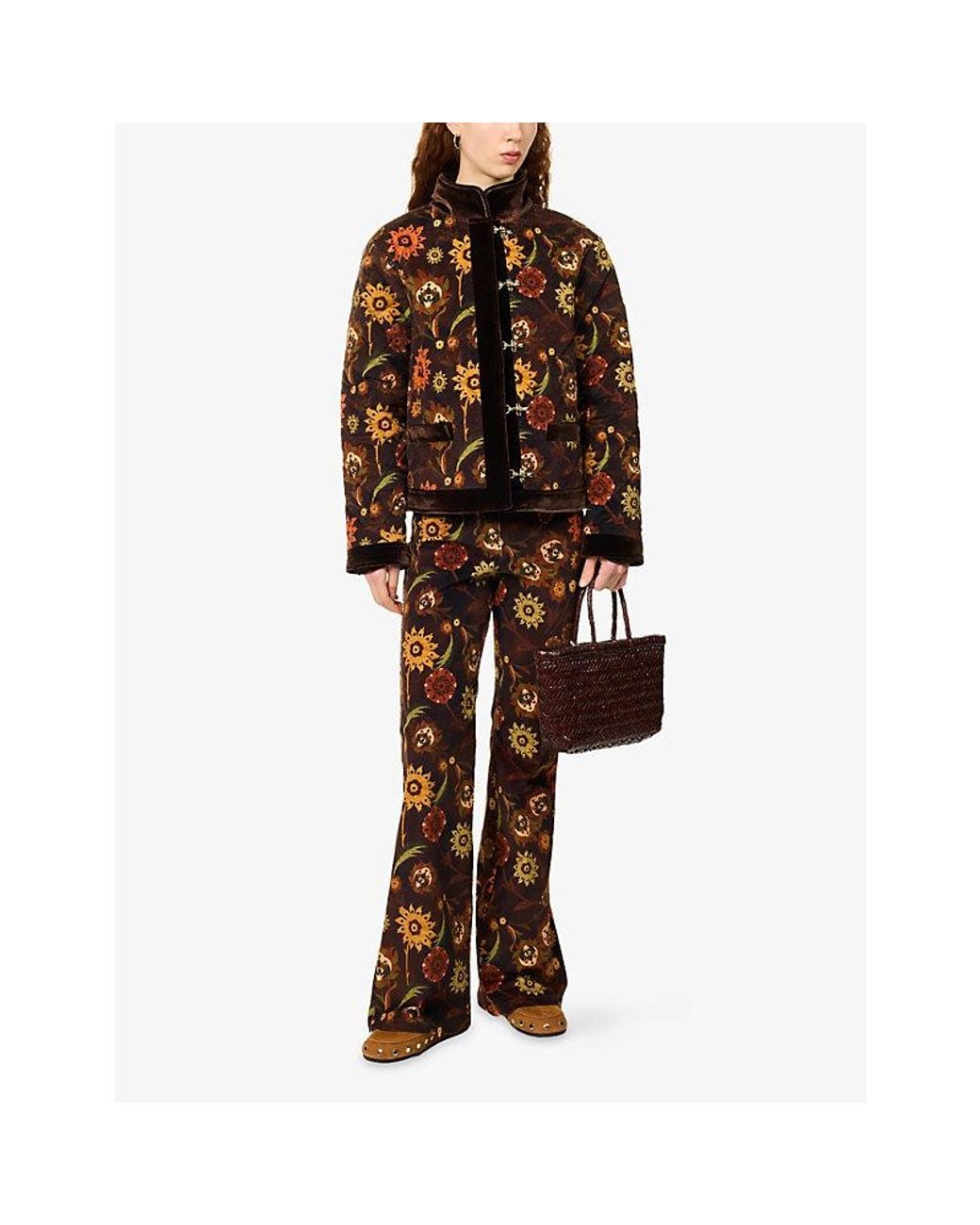Siedres Brown Donna Floral-Print Corduroy Jacket