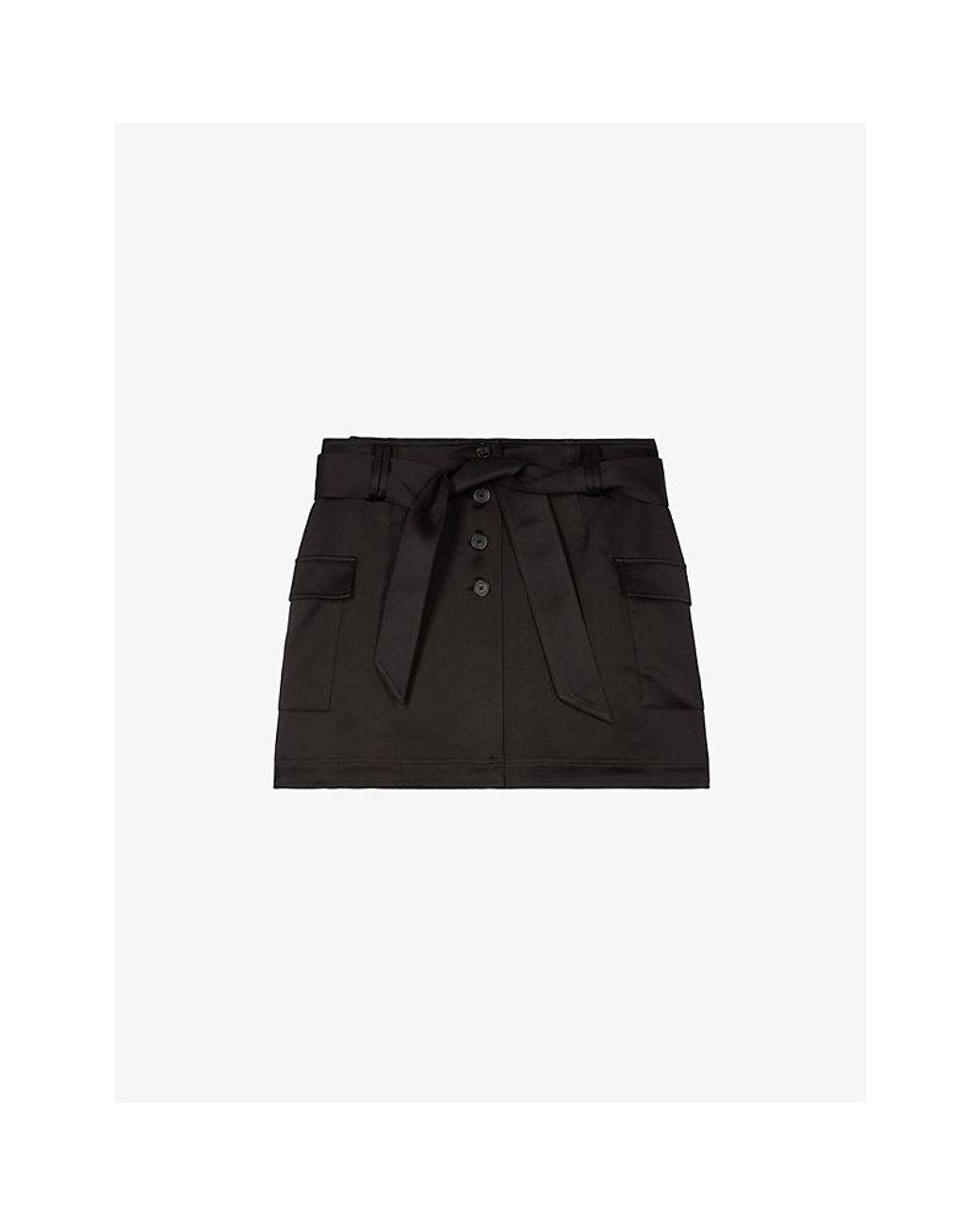 The Kooples Black Belted-Waist Side-Pocket Satin Mini Skirt