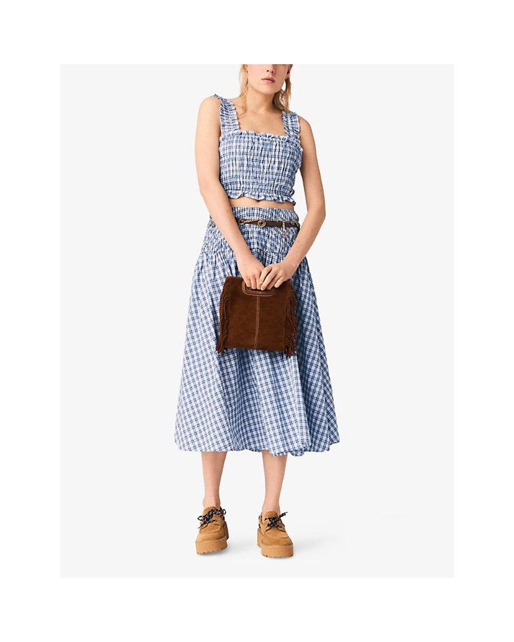 Maje Blue Checked Rhinestone-Embellished Cotton Top