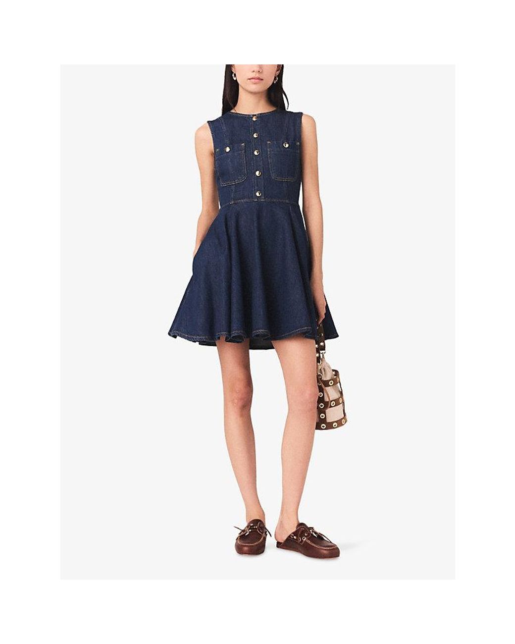 Maje Blue Button-Up Flared Denim Mini Dress