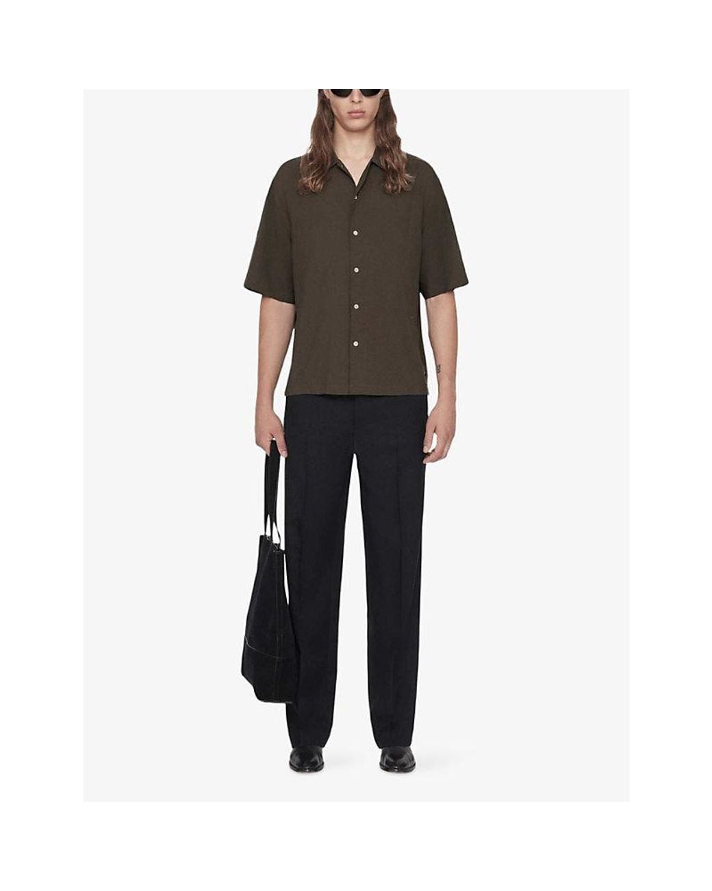 AllSaints Green Archer Resort-Collar Linen-Blend Shirt for men