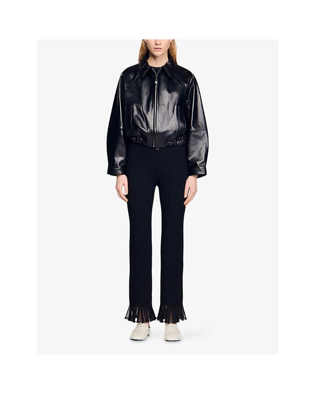 Sandro Black Side-Pocket Cropped Leather Jacket