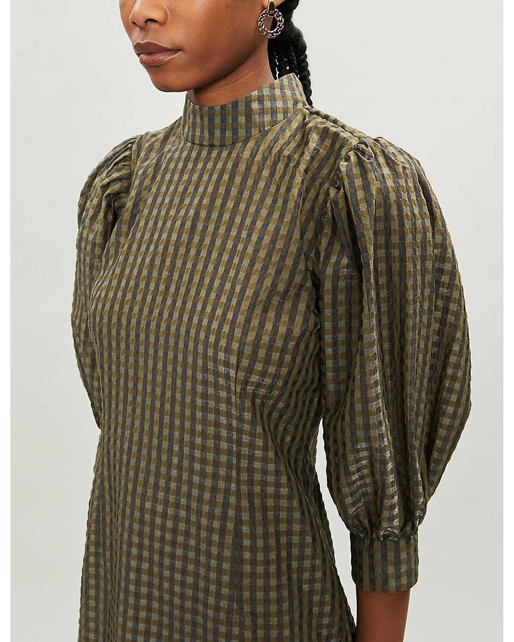 Ganni Seersucker Gingham Woven Mini Dress in Green | Lyst