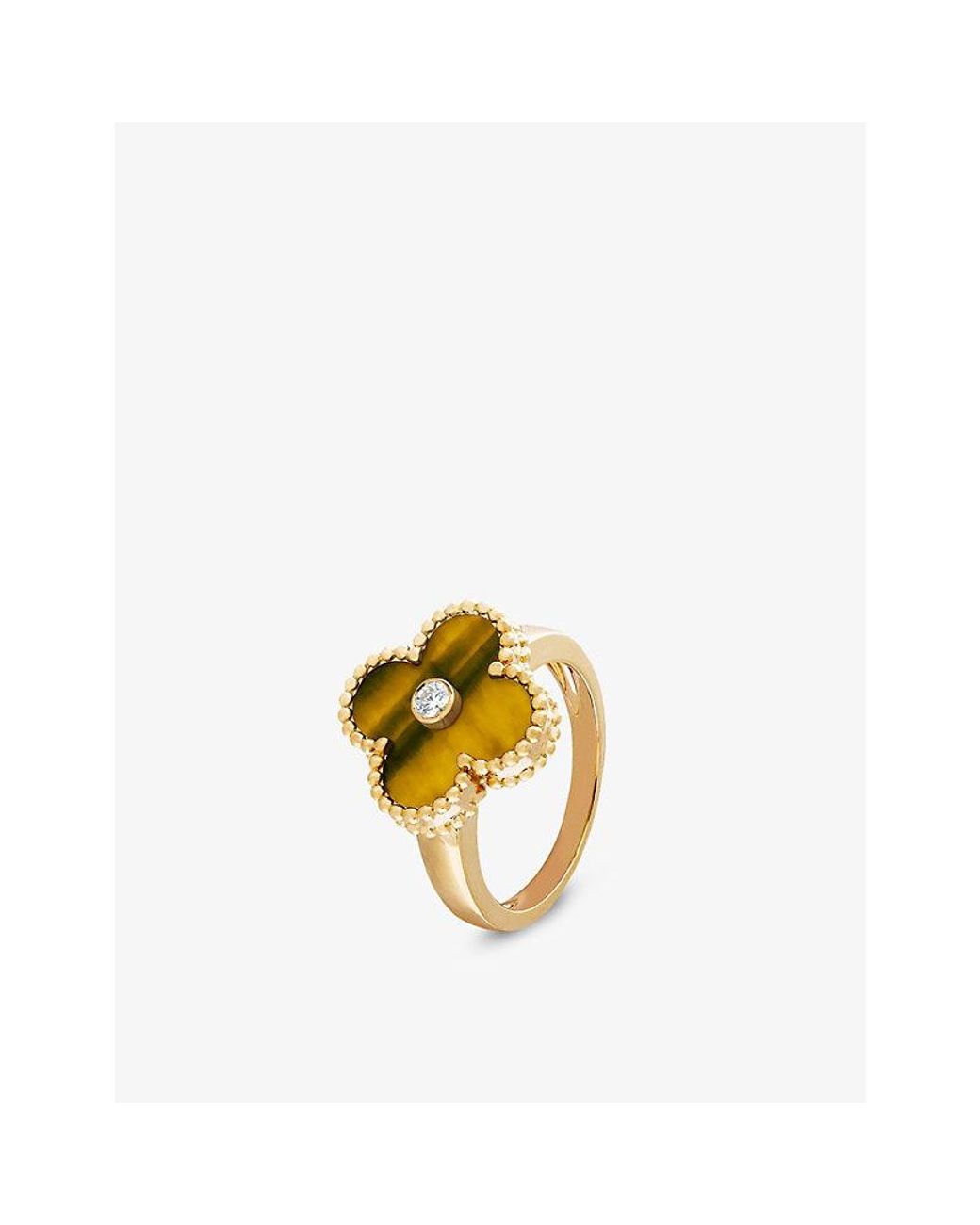 Van Cleef & Arpels Natural Vintage Alhambra 18Ct, Tiger's Eye And 0.06Ct Round Diamond Ring