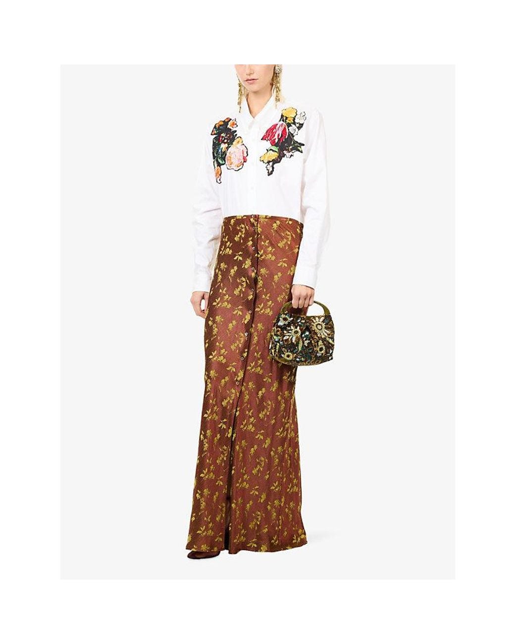 Dries Van Noten Brown Serylo Printed Woven Maxi Skirt