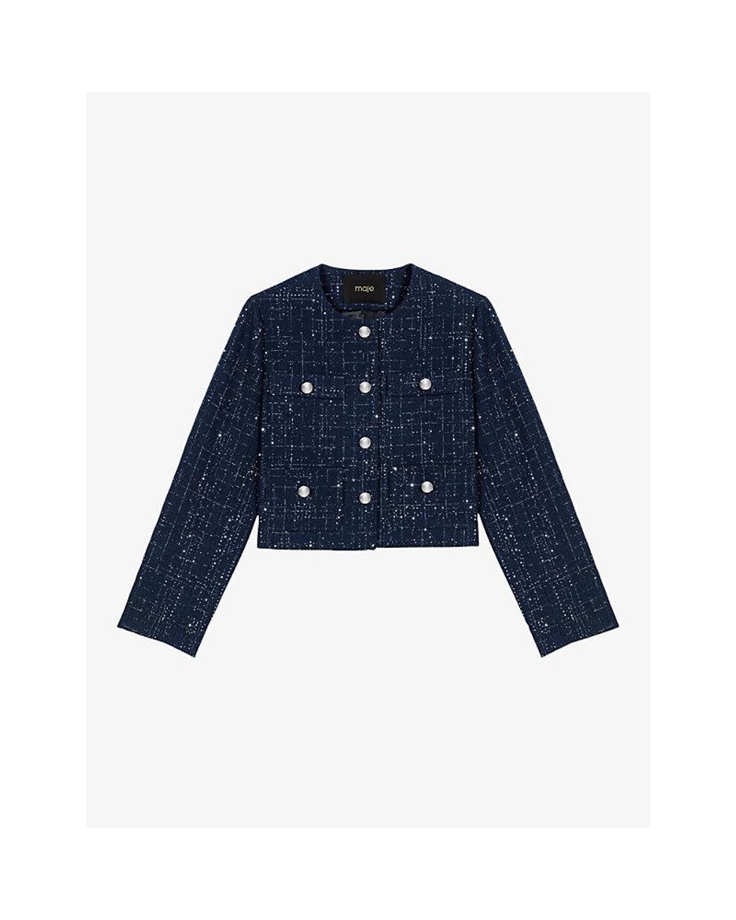Maje Blue Tweed-Textured Cropped Cotton-Blend Jacket