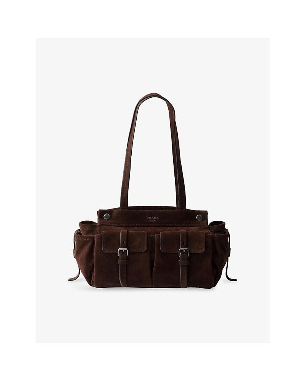 Prada Black Logo-Embellished Medium Suede Tote Bag