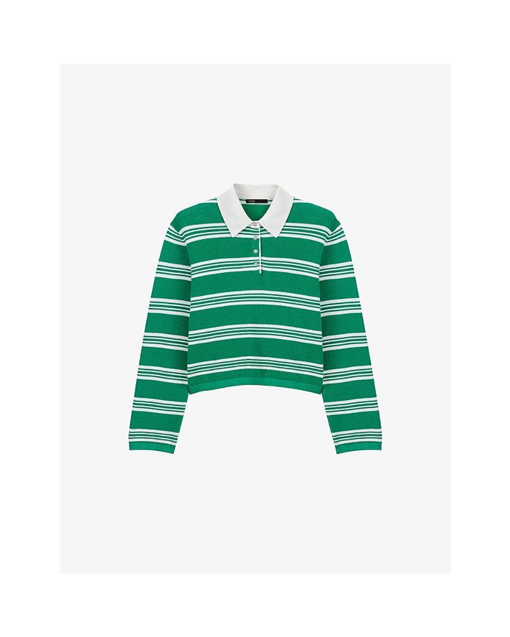 Maje Green Striped Cropped Cotton-Blend Polo Jumper